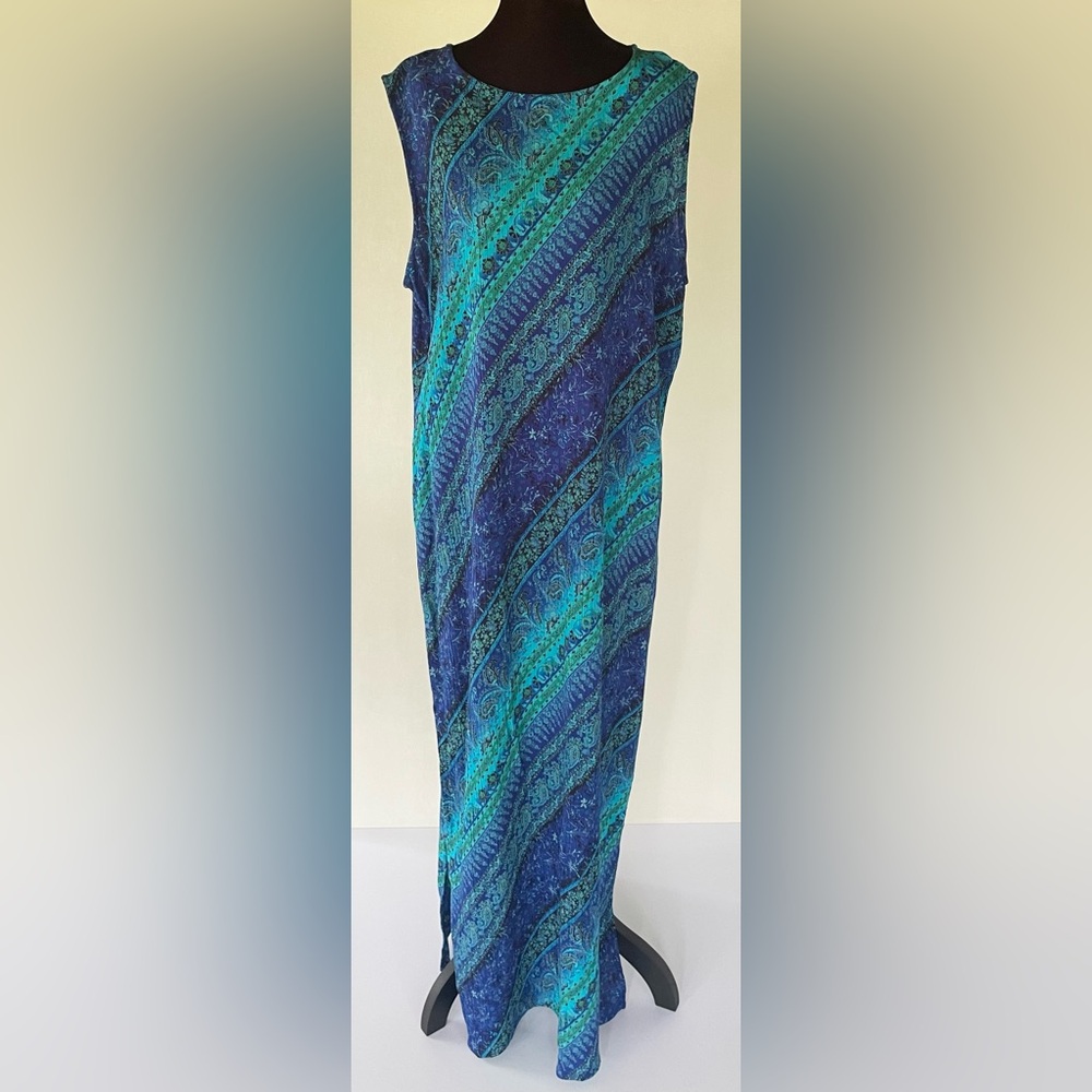 VTG Liz Baker Women’s Blue Floral Paisley Sleeveless Maxi Dress Size L Boho 90s